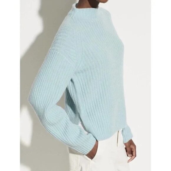 💕VINCE💕 Ribbed Mock Neck Wool Cashmere Blend Sweater ~ Heather Aria Blue M NWT - Picture 2 of 16